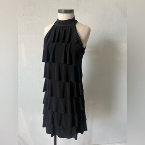 Susan Lawrence Tiered Ruffle Black Layered high neck Halter cocktail dress